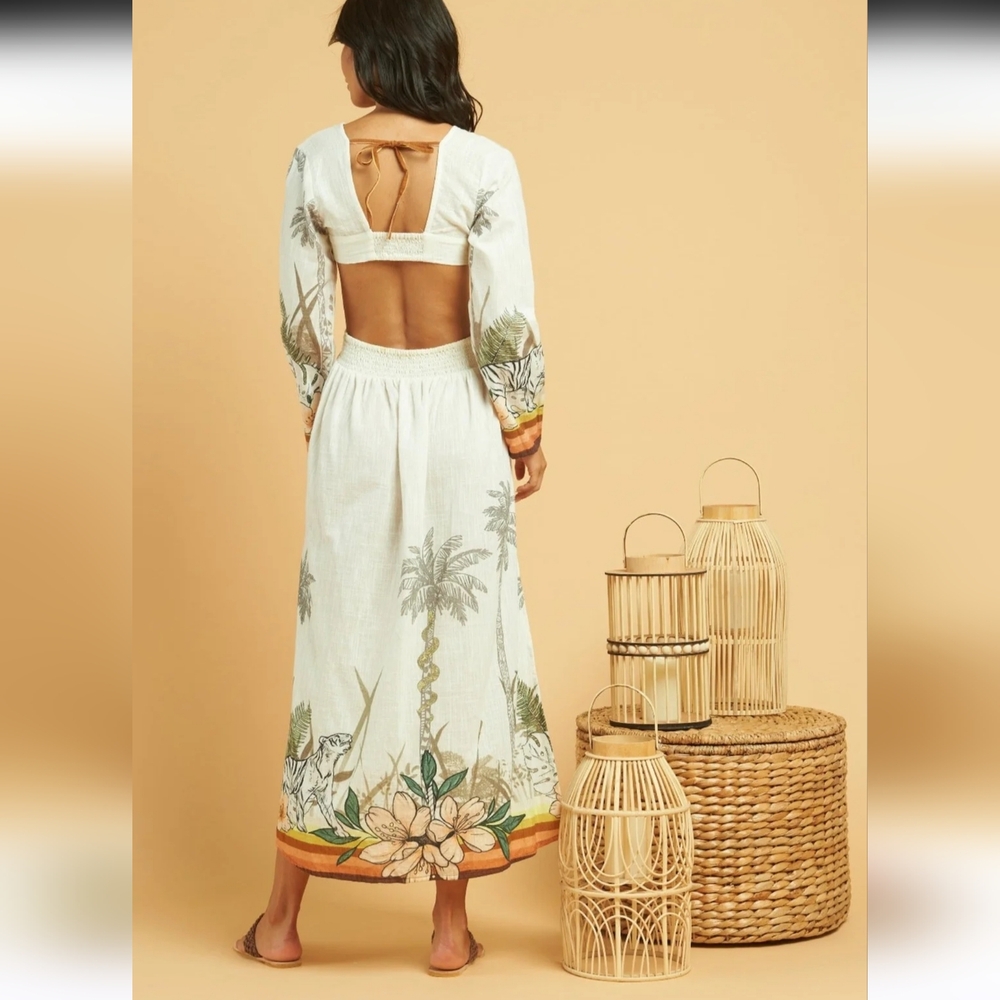 NWOT Z&L Rio Grande Maxi Dress in cream with a tropical border print - Picture 2 of 7